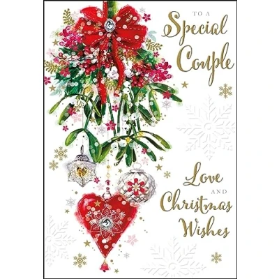 Image of Jonny Javelin Special Couple Christmas Card Mistletoe Bouquet and Baubles Embossed with Foil Flitter Details