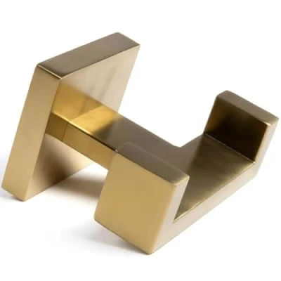 Image of Pebble Grey™ Manhattan Double Towel Hook for Bathroom Towels, Robes, and Dressing Gowns, Wall Mounted with Screws, Industrial Style, Contemporary Design, Anti Rust, Concealed Fixings (Brushed Brass)