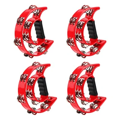 Image of JOIKIT 4 PCS 230 x 200 48mm Double Row Tambourine, Red Half Moon Tambourine with Metal Jingles, Hand Held Tambourines for Musicians Singers Bands
