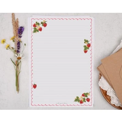 Image of Making Meadows A4 Lined Letter Writing Paper Set (20 Sheets &amp; 10 envelopes) Scalloped Border Strawberry Design On Penpal Stationery