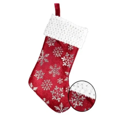 Image of Theme Machine Christmas Red Velvet Stocking with Silver Glitter Snowflakes and Sequins