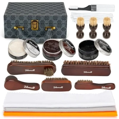Image of Jdomall Shoe Shine Kit,Deluxe Kit Black Brown Neutral Polish with Brushes,Polishing Cloth and More Perfect Gift for Leather Boot Care Kit, Black, 16pc