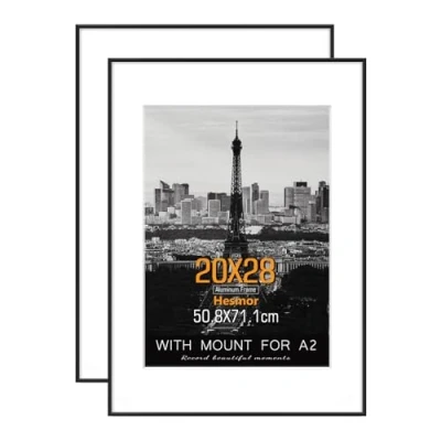 Image of Hesmor Picture Frames 50cm x 70cm Frame Aluminum Acrylic in Black, Large 20 28 inch Photo Set of 2 with Clear Plexiglass Wall Mount Mat for A2 Posters