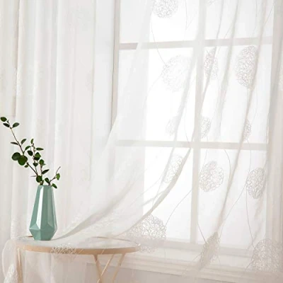 Image of MIULEE Embroidery Sheer Curtains Decoration Flora Design Grommet Window Curtain Semi Voile Drapes with Eyelets Treatments for Living Room Bedroom 2 Panels 55&quot; W x 88&quot; L White
