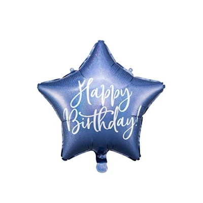Image of Happy Birthday Foil Balloon 40cm Navy Blue Star Shape FB93 074 with Silver Holographic Lettering for Classroom Parties, Original and Safe Visual Impact Inflatable Air Helium