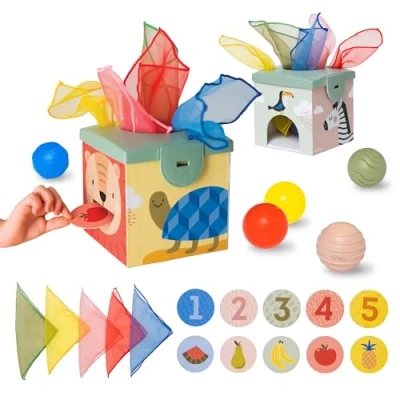 Image of Taf Toys Magic Tissue Box Toy for Infant &amp; Toddlers. Colour Matching Sorting Toy. Includes 5 Tissues, Balls Double sided Playing Flash Cards. Suitable Boys Girls 18 months +