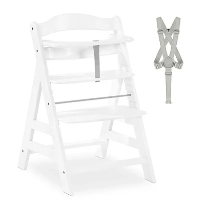 Image of hauck Alpha+, White Wooden High Chair 6 Months to Adult Sustainable FSC® Certified Beechwood Toddler Feeding and Entertainment Chair, Inclusive 5 Point Harness Bumper Bar Crotch Strap