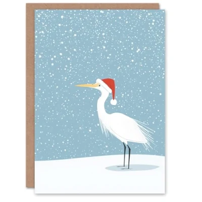 Image of Wee Blue Coo Greeting Card White Heron in Winter Snow Wearing Santa Hat Blank For Him Or Her Art Xmas Christmas