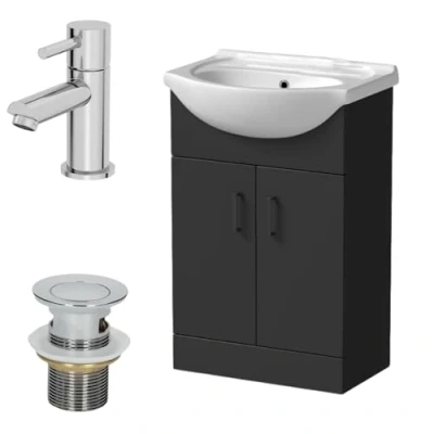 Image of Affine® 560mm Bathroom Vanity Unit Ceramic Sink Floorstanding Storage Cabinet Cupboard &amp; Malmo Basin Tap Waste Set, Matt Black