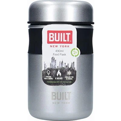Image of BUILT Double Wall Vacuum Insulated Food Flask for Hot and Cold Foods, Stainless Steel, Silver, 490 ml