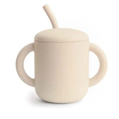 Image of Mushie Silicone Training Cup + Straw Baby Sippy with 6+ Months First Capacity: 175 mL Removable Lid Material: Food Grade Dishwasher &amp; Microwave Safe (Shifting Sand)