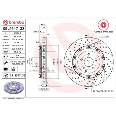 Image of 2094210112, A2094210112 Brake disc BREMBO TWO PIECE FLOATING DISCS LINE 09.9547.33 MERCEDES BENZ: CLK Convertible, SLK, Coupe
