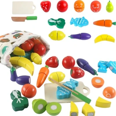 Image of huruirui Wooden Play Food,Children&#039;s Food Cutting Fruit and Veg Toys Sets,Pretend Toy Kitchen Accessories for Kids,Boys Girls Gift 2 3 4 5 Year Olds Educational