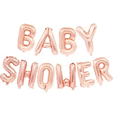 Image of Mannli Rose Gold Baby Shower 16&quot; Foil Letter Balloon Banner &amp; 1 Roll String Party Decorations