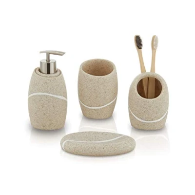Image of zccz Beige Bathroom Accessory Set 4 Pieces Organiser with Tootbrush Holder, Lotion Soap Dispenser, Vanity Tray and Dish Modern Decor Accessories