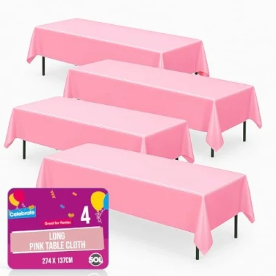 Image of 4pk Long Pink Table Cloth Party 274 x 137cm Plastic Cover Disposable Tablecloths for Parties Tablecloth