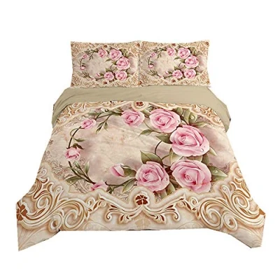 Image of Duvet Cover Set Flower 3D Pattern Design Rose Red Pink Yellow White Daisy Print Girl Lady Romantic Floral Bedding Quilt and Pillowcase, Polyester (Beige,Double)