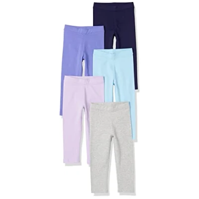 Image of Amazon Essentials Girls&#039; Leggings, Pack of 5, Aqua Blue/Grey/Lilac/Navy/Purple, 4 Years