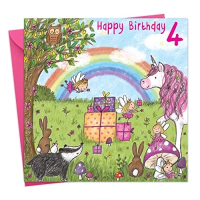 Image of Twizler 4th Birthday Card For Girl with Unicorn Age 4 Gifts Childrens Girls Happy