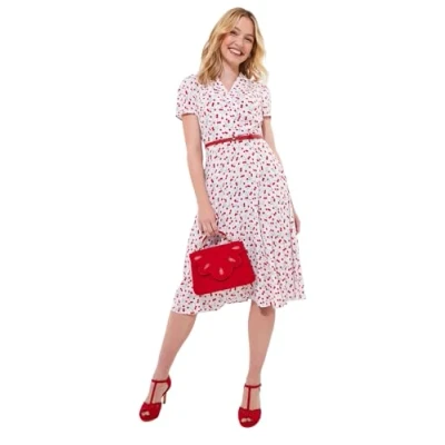 Image of Joe Browns Women&#039;s Cherry Print Tie Waist Midi Dress, White, 14