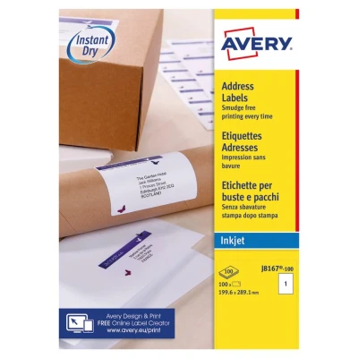 Image of Avery Printable, Customisable Parcel Shipping Labels,Inkjet Printers, 1 Label Per A4 Sheet, 100 Labels, Quickdry (J8167), White