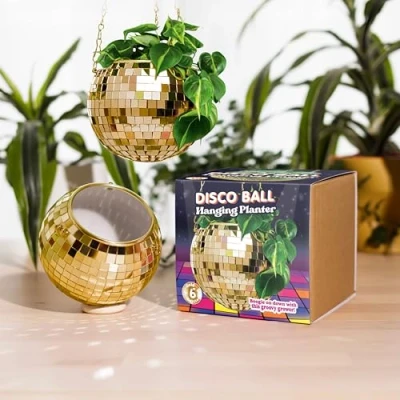 Image of Bubblegum Stuff Gold Disco Ball Hanging Planter Basket For Indoor Plants, Chain, Rim, Herb Planter, Plant, Boho Decor Plant Pots Room 6 inch