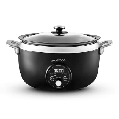 Image of GF16010 Good Food in partnership with Tower 3.5L Digital Slow Cooker 3 Heat Settings, Delay Function &amp; Timer, Removable Aluminium Pot, Tempered Glass Lid, Black Stainless Steel Accents