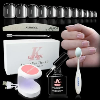 Image of Nail Extension Kit, 552Pcs Short square Tips and Glue Gel 5 in 1 Mini UV Lamp, false Nails Acrylic Soft Fake with for DIY Manicure