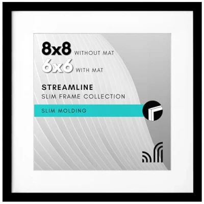 Image of Americanflat 8x8 Photo Frame in Black Use as Thin Border 6x6 with Mount or Without Picture Shatter Resistant Glass and Easel for Wall Tabletop Display