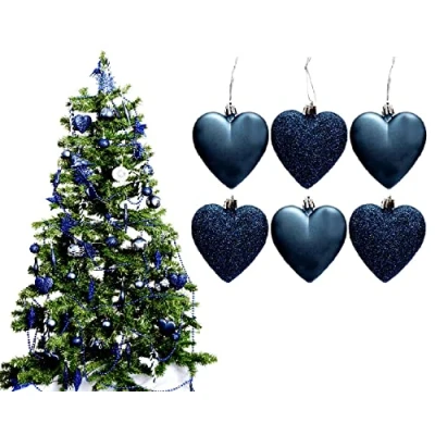 Image of 6pc Large Glitter &amp; Matte Heart Baubles Great Christmas Tree Decorations, (Navy)