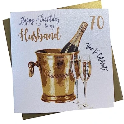 Image of white cotton cards Champagne Bucket, Husband 70 Happy Handmade 70th Birthday Card, White, WBS70 H