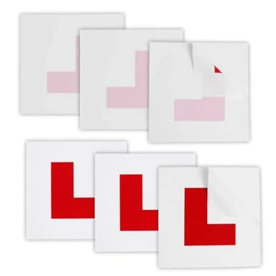 Image of kinoco L Plates for Learner Drivers, 6 Pack Set with 3 Self Adhesive and Electrostatic Plates, Red