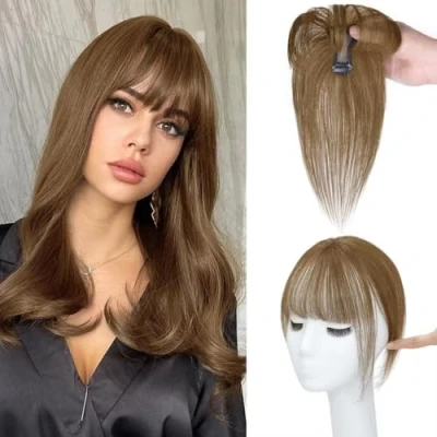 Image of Clip in Bangs, Fringe Human Hair, Real Hair Extensions, on Air Bangs for Women Hairpieces Curved Daily Wear, B, light brown