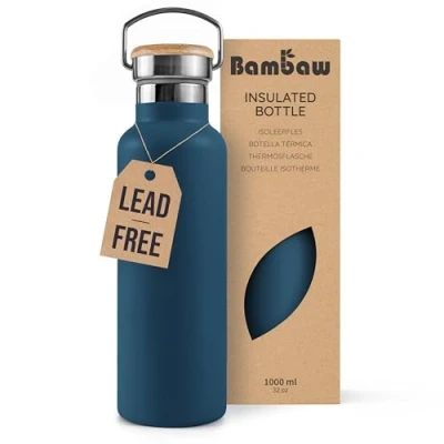 Image of Bambaw Insulated Water Bottle 1l, Blue Bottle, Stainless Steel 1, Leakproof Metal 1l Eco Aegean