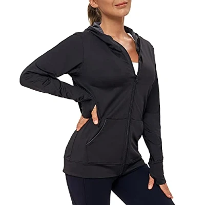 Image of AMZSPORT Women&#039;s Running Jacket Long Sleeve Sports Gym Hoodies Fitness Yoga Top with Thumbholes and Pockets, Black XXL