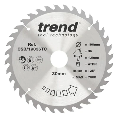 Image of Trend Wood Cordless ATBR Circular Saw Blade, 190mm Diameter, 30mm Bore, 36 Teeth, TCT, 1.6mm Kerf, +25 Hook, CSB/19036TC