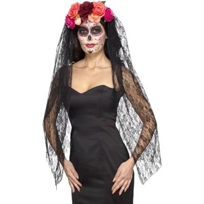 Image of Smiffys Deluxe Day of The Dead Headband, Red &amp; Black with Roses Veil, Mexican Dead/Sugar Fancy Dress, Halloween Dress Up Accessories