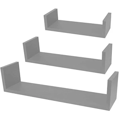 Image of Set Of 3 Different Sizes U Shaped Wooden Floating Shelf DIY Display Unit Shelves (Grey)