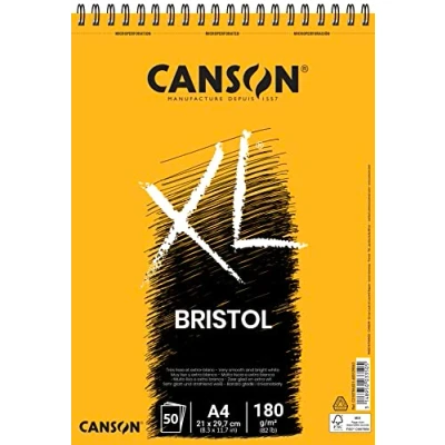Image of CANSON XL Bristol 180gsm A4 Paper, Very Smooth, Spiral Pad Short Side, 50 Extra White Sheets, Ideal for Professional Artists &amp; Illustrators