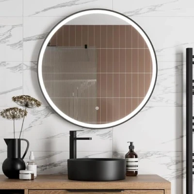 Image of BAYSTONE® 800 x 800mm Bathroom Mirror with LED Lights Wall Mounted Demister Illuminated Mirrors for Bathrooms, Mains Powered, Matt Black, Touch Sensor