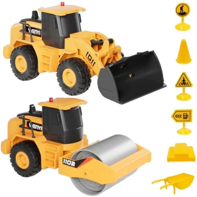 Image of GizmoVine 2Pcs Construction Toys, Bulldozer Road Roller with Music &amp; Light, 1:32 Simulation Model Truck, kids Gift for 3 4 5 6 7 8 year olds