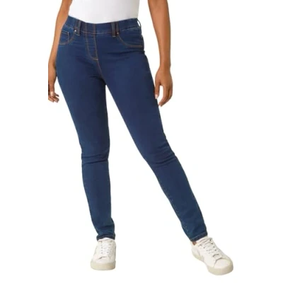 Image of Roman Originals Jeggings for Women UK Jean Ladies Stretchy Trousers Denim Leggings High Waist Rise Pull On Skinny Straight Leg Cotton Pants Smart Casual Petite Dark Indigo (28 inch) Size 10