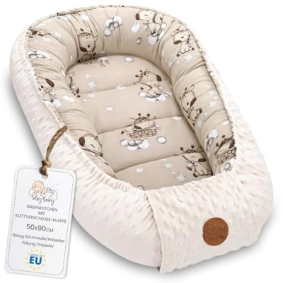 Image of Baby Nest for Newborns Minky Crib Versatile Portable Cuddle Accessory Warm Winter Cocoon Giraffe