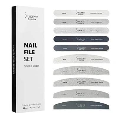 Image of Sincero Salon Nail Files Professional 10pcs Various Grit For Acrylic and Gel Nails Manicure Tools Natural Emery Boards File Set