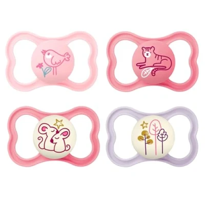 Image of Mam Day &amp; Night Air Silicone Dummy, 16+ Uni Mix, set of 6 2 sterilised transport boxes.