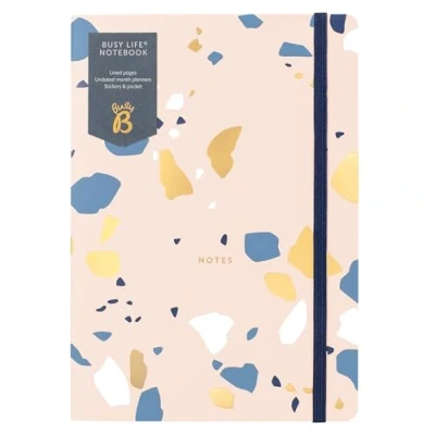 Image of Busy B A5 Notebook in Pink Terrazzo with Lined Pages, Undated Month Planners, Stickers and Pocket