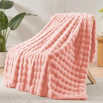 Image of LINGKY Soft Warm Rabbit Plush Fleece Throw Blanket Thick 1000 GSM Throws for Sofas Large Fluffy Bed Couch Travel Kids Decor, Pink, 160x200cm