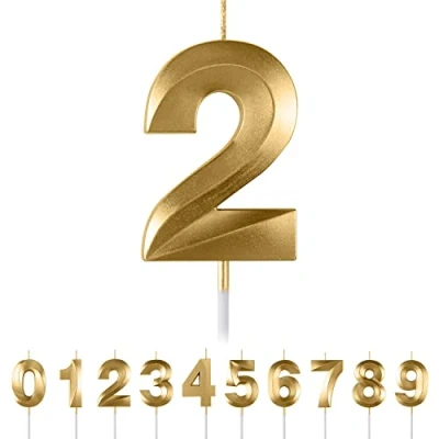 Image of 2th Birthday Number Candles,3D Gold Candle,Number 2 Candle for Party Cake Topper Decorations Boys Girls Anniversary Supplies