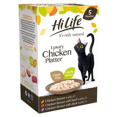 Image of HiLife it&#039;s only Natural Wet Cat Food The Luxury Chicken Platter in Jelly Breast, Duck, Beef 100% Grain Free, 250g (Pack of 4)