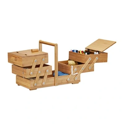 Image of Relaxdays XXL Bamboo Sewing Box, Many Compartments, Foldable, Empty Organizer Basket, HWD 30 x 44 22 cm, Natural